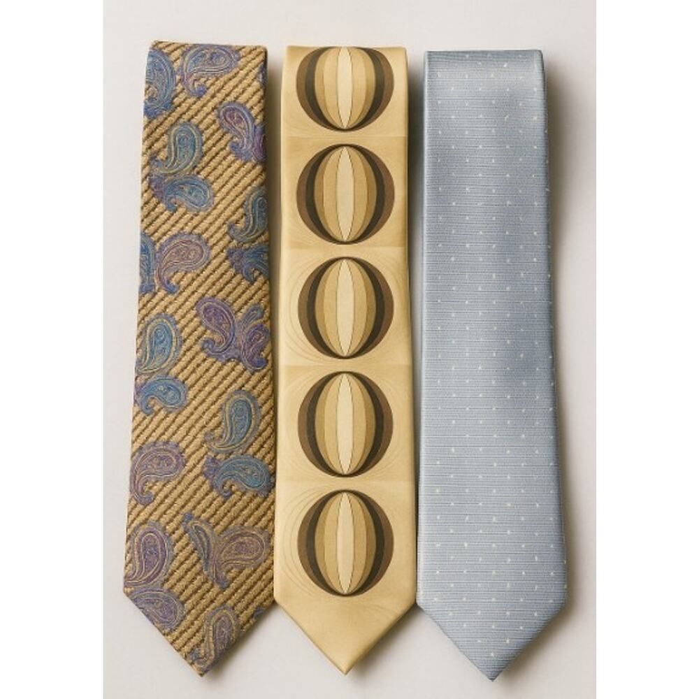 3 Silk Necktie LOT Blue Gold Paisley Silver Microdot Cream Medallion—Formal Set